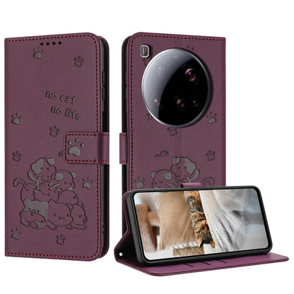 Xiaomi 15 Ultra Embossed Kitten PU Leather Wallet Case with Card Slots, Cash Pocket, Kickstand Function, Wrist Lanyard Strap, Full Protective TPU Flip Cover