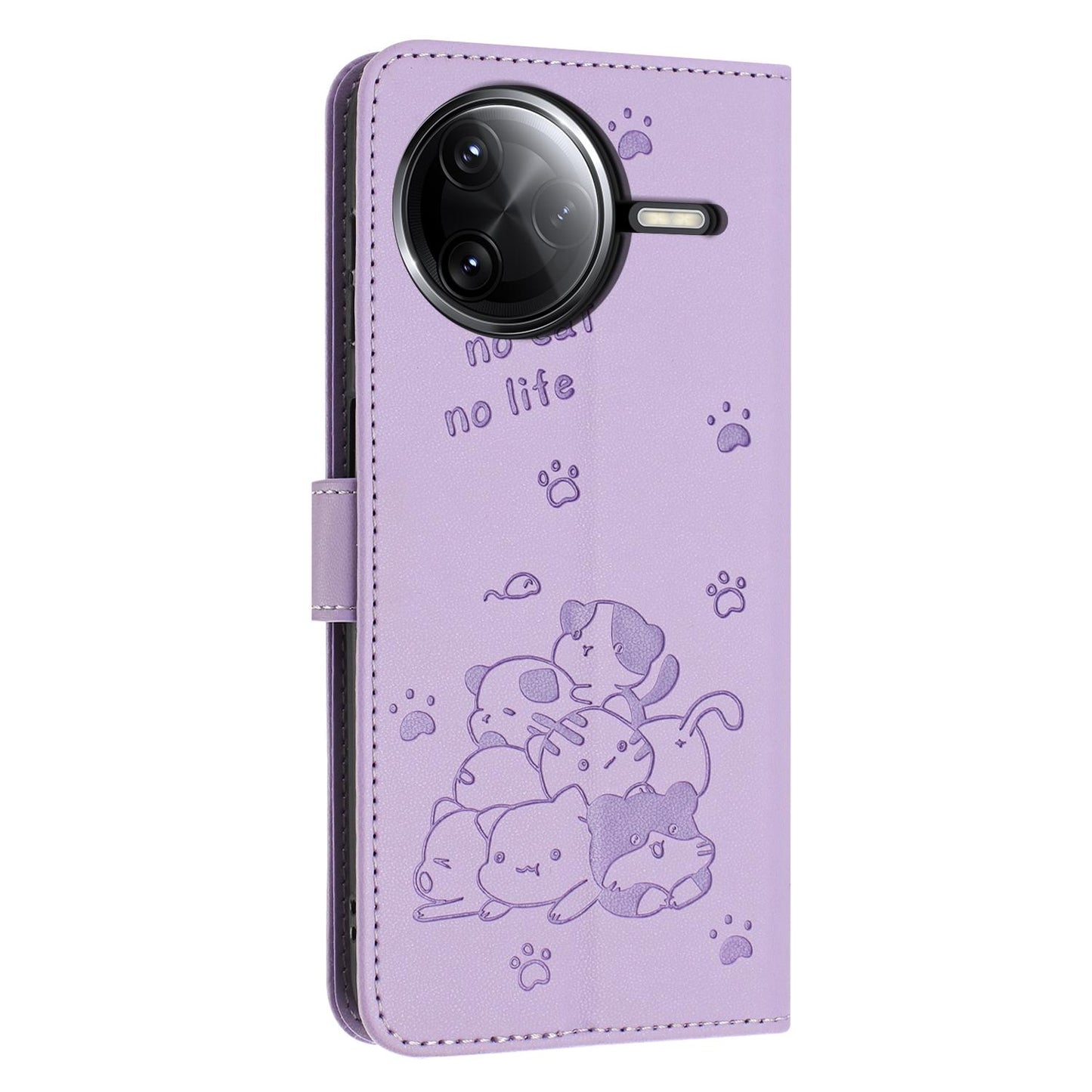 Xiaomi Poco F7 Pro Embossed Kitten PU Leather Wallet Case with Card Slots, Cash Pocket, Kickstand Function, Wrist Lanyard Strap, Full Protective TPU Flip Cover