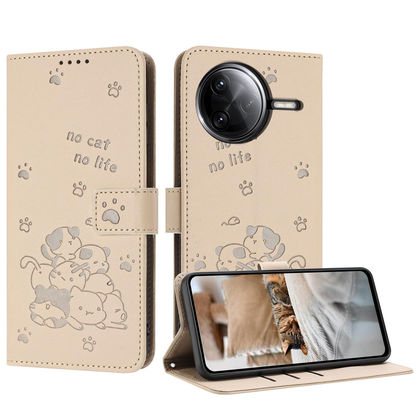 Xiaomi Poco F7 Pro Embossed Kitten PU Leather Wallet Case with Card Slots, Cash Pocket, Kickstand Function, Wrist Lanyard Strap, Full Protective TPU Flip Cover