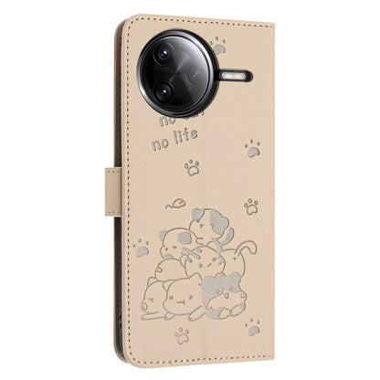 Xiaomi Poco F7 Ultra Embossed Kitten PU Leather Wallet Case with Card Slots, Cash Pocket, Kickstand Function, Wrist Lanyard Strap, Full Protective TPU Flip Cover