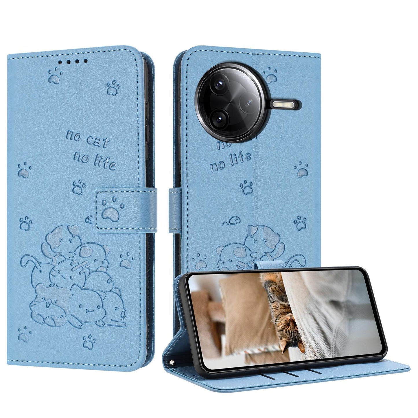 Xiaomi Poco F7 Pro Embossed Kitten PU Leather Wallet Case with Card Slots, Cash Pocket, Kickstand Function, Wrist Lanyard Strap, Full Protective TPU Flip Cover