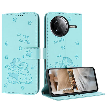 Xiaomi Poco F7 Pro Embossed Kitten PU Leather Wallet Case with Card Slots, Cash Pocket, Kickstand Function, Wrist Lanyard Strap, Full Protective TPU Flip Cover