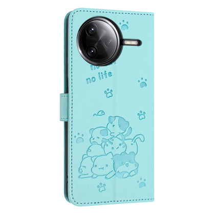 Xiaomi Poco F7 Pro Embossed Kitten PU Leather Wallet Case with Card Slots, Cash Pocket, Kickstand Function, Wrist Lanyard Strap, Full Protective TPU Flip Cover