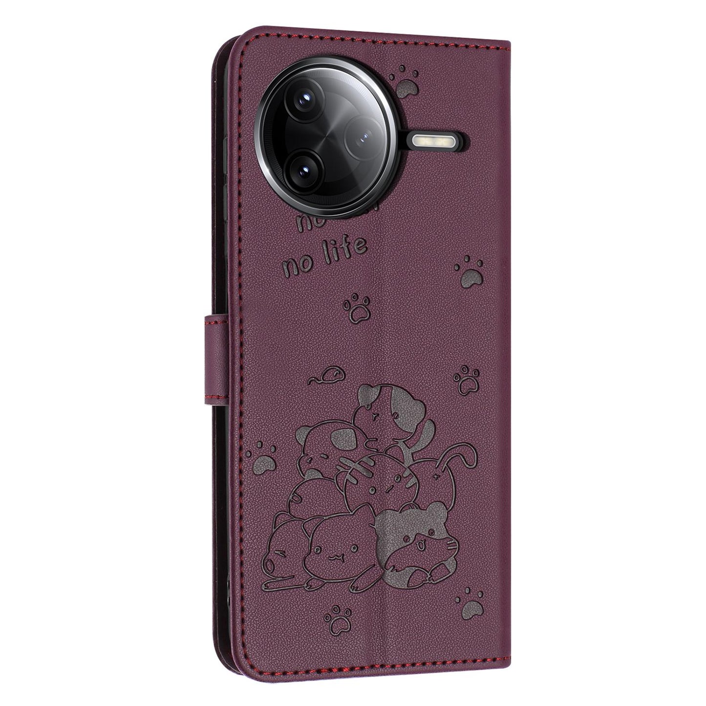 Xiaomi Poco F7 Pro Embossed Kitten PU Leather Wallet Case with Card Slots, Cash Pocket, Kickstand Function, Wrist Lanyard Strap, Full Protective TPU Flip Cover
