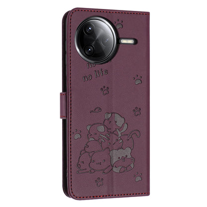 Xiaomi Poco F7 Pro Embossed Kitten PU Leather Wallet Case with Card Slots, Cash Pocket, Kickstand Function, Wrist Lanyard Strap, Full Protective TPU Flip Cover