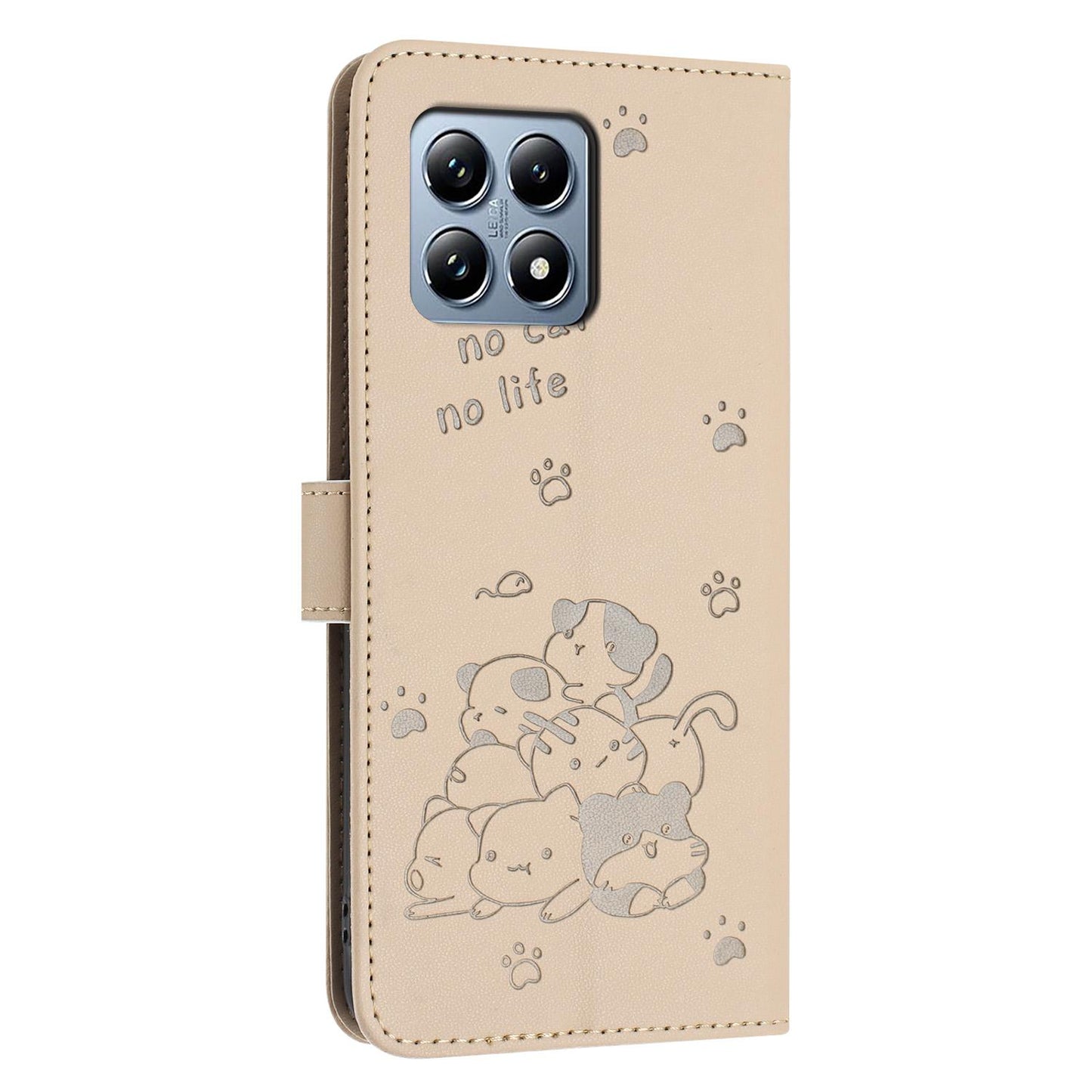 Xiaomi 15T 5G Embossed Kitten PU Leather Wallet Case with Card Slots, Cash Pocket, Kickstand Function, Wrist Lanyard Strap, Full Protective TPU Flip Cover