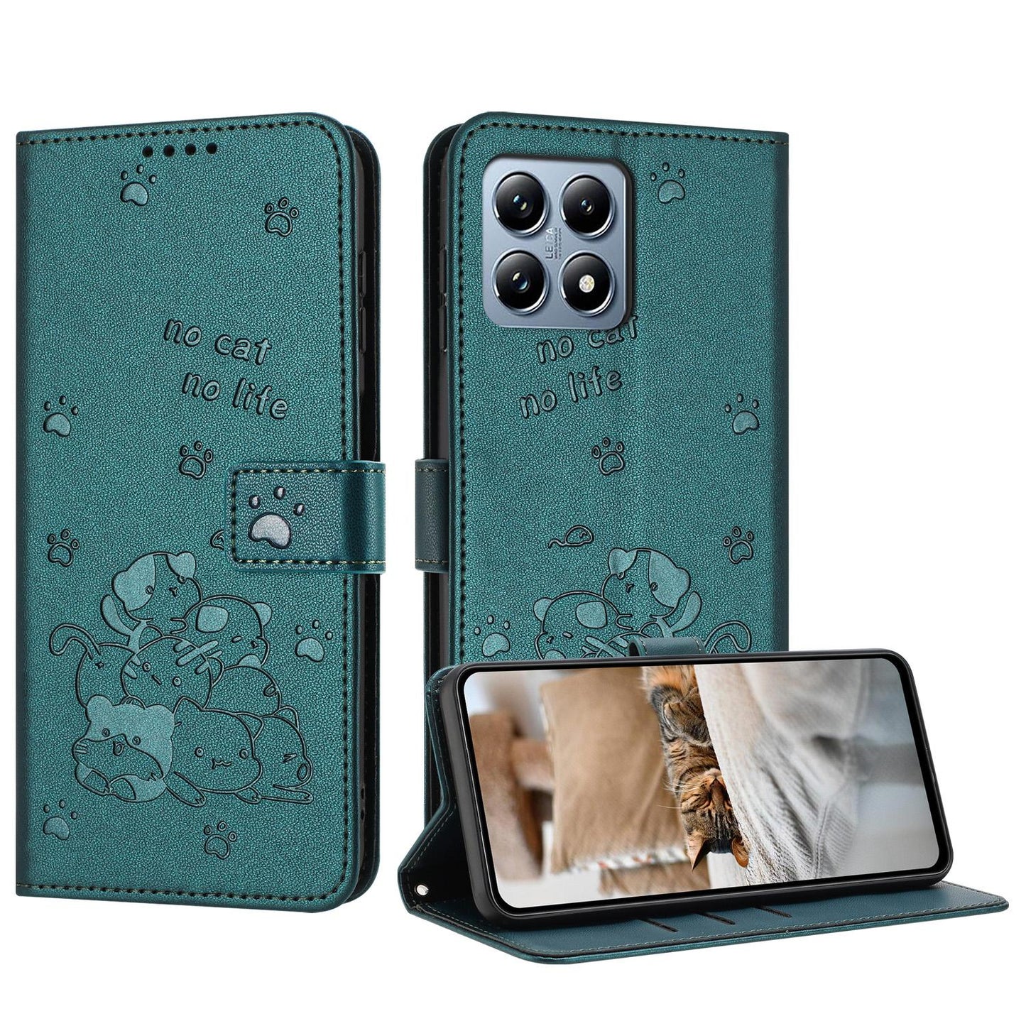 Xiaomi 15T 5G Embossed Kitten PU Leather Wallet Case with Card Slots, Cash Pocket, Kickstand Function, Wrist Lanyard Strap, Full Protective TPU Flip Cover