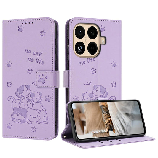 Xiaomi 15T Pro 5G Embossed Kitten PU Leather Wallet Case with Card Slots, Cash Pocket, Kickstand Function, Wrist Lanyard Strap, Full Protective TPU Flip Cover
