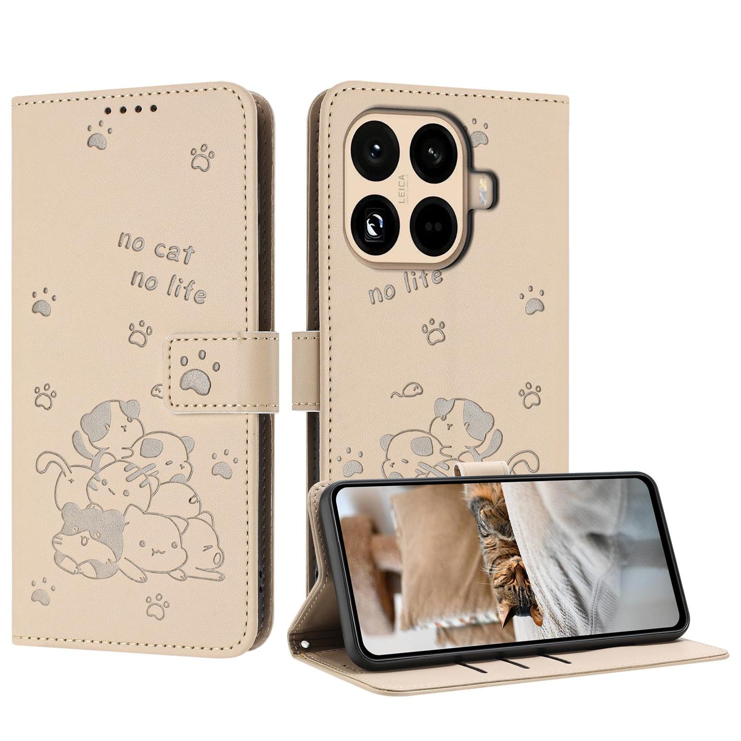 Xiaomi 15T Pro 5G Embossed Kitten PU Leather Wallet Case with Card Slots, Cash Pocket, Kickstand Function, Wrist Lanyard Strap, Full Protective TPU Flip Cover