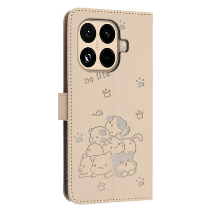 Xiaomi 15T Pro 5G Embossed Kitten PU Leather Wallet Case with Card Slots, Cash Pocket, Kickstand Function, Wrist Lanyard Strap, Full Protective TPU Flip Cover