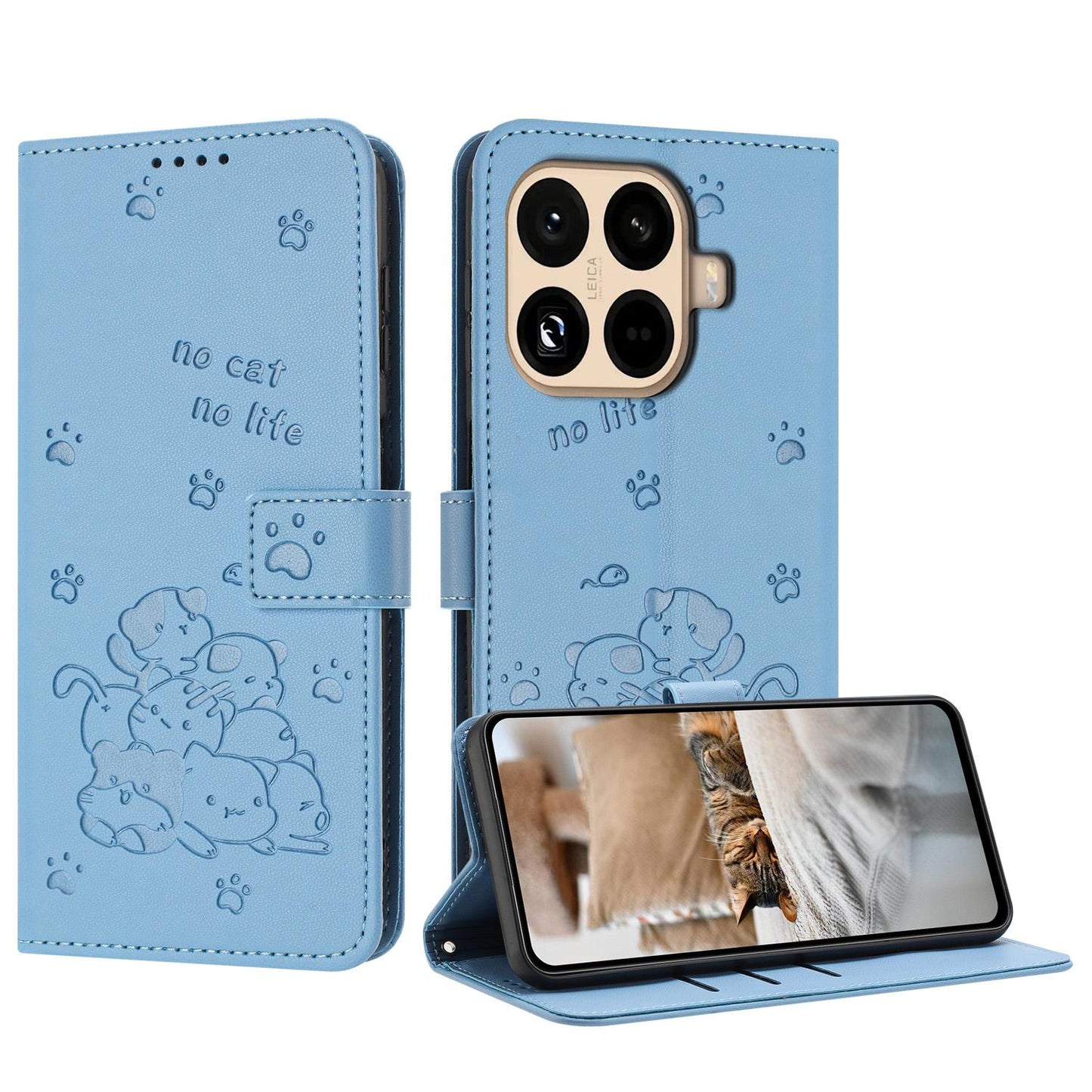 Xiaomi 15T Pro 5G Embossed Kitten PU Leather Wallet Case with Card Slots, Cash Pocket, Kickstand Function, Wrist Lanyard Strap, Full Protective TPU Flip Cover