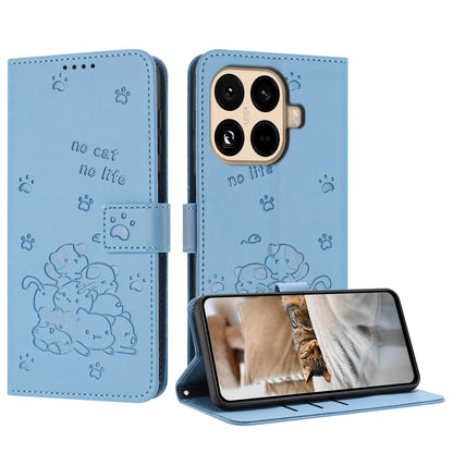 Xiaomi 15T Pro 5G Embossed Kitten PU Leather Wallet Case with Card Slots, Cash Pocket, Kickstand Function, Wrist Lanyard Strap, Full Protective TPU Flip Cover