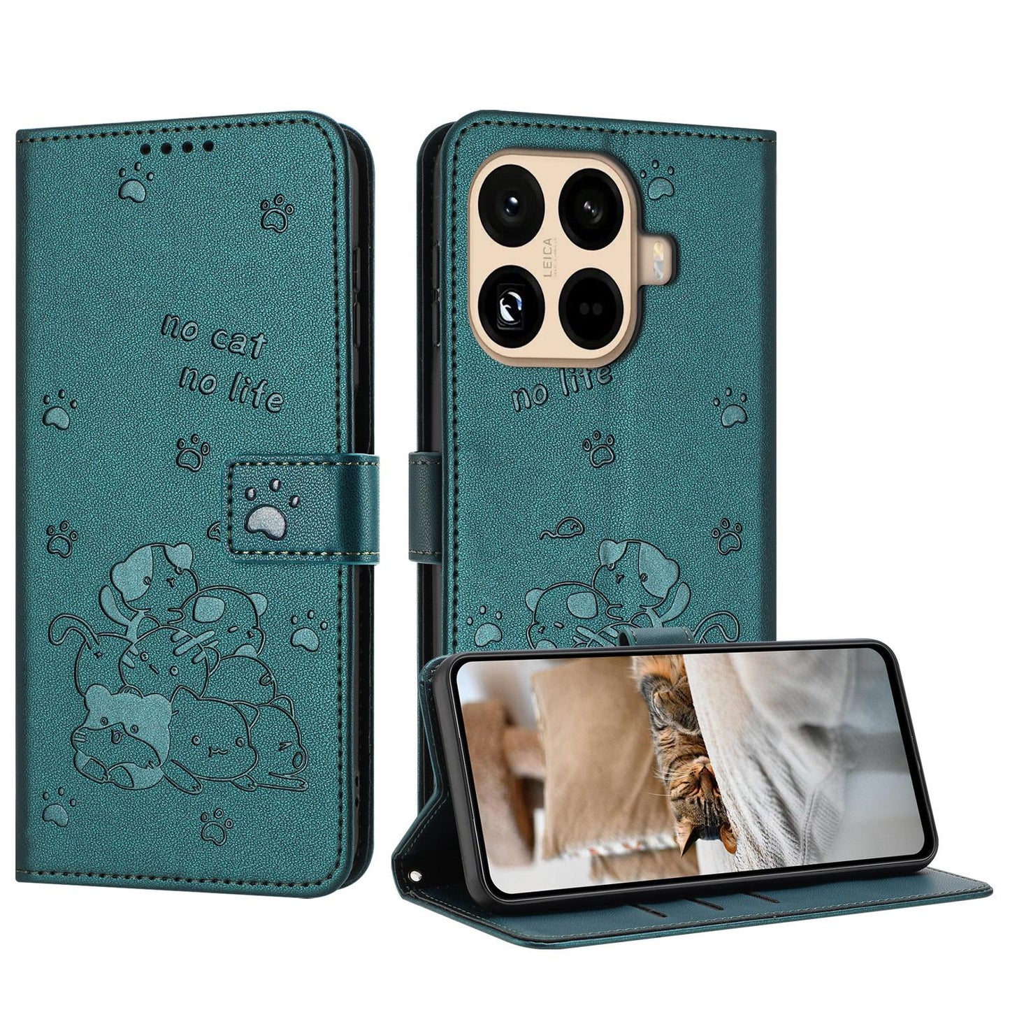 Xiaomi 15T Pro 5G Embossed Kitten PU Leather Wallet Case with Card Slots, Cash Pocket, Kickstand Function, Wrist Lanyard Strap, Full Protective TPU Flip Cover