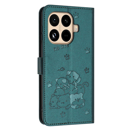 Xiaomi 15T Pro 5G Embossed Kitten PU Leather Wallet Case with Card Slots, Cash Pocket, Kickstand Function, Wrist Lanyard Strap, Full Protective TPU Flip Cover