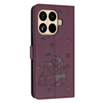 Xiaomi 15T Pro 5G Embossed Kitten PU Leather Wallet Case with Card Slots, Cash Pocket, Kickstand Function, Wrist Lanyard Strap, Full Protective TPU Flip Cover