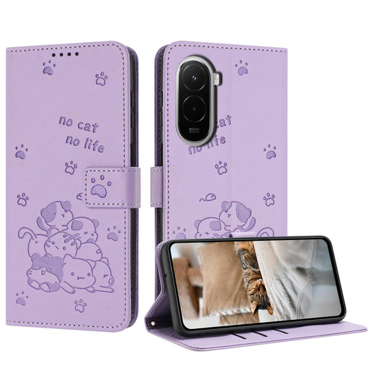 Xiaomi Poco M7 4G 169mm Embossed Kitten PU Leather Wallet Case with Card Slots, Cash Pocket, Kickstand Function, Wrist Lanyard Strap, Full Protective TPU Flip Cover