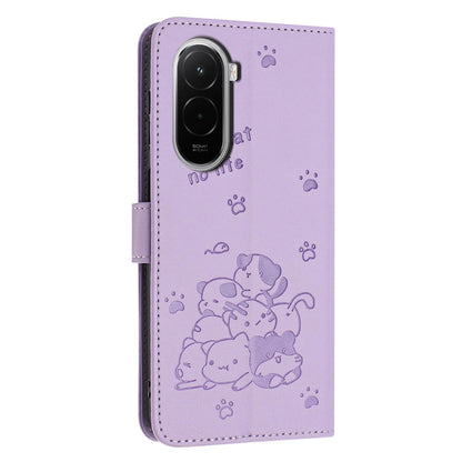 Xiaomi Poco M7 4G 169mm Embossed Kitten PU Leather Wallet Case with Card Slots, Cash Pocket, Kickstand Function, Wrist Lanyard Strap, Full Protective TPU Flip Cover