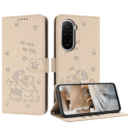 Xiaomi Poco M7 4G 169mm Embossed Kitten PU Leather Wallet Case with Card Slots, Cash Pocket, Kickstand Function, Wrist Lanyard Strap, Full Protective TPU Flip Cover