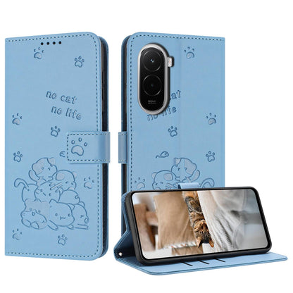 Xiaomi Poco M7 4G 169mm Embossed Kitten PU Leather Wallet Case with Card Slots, Cash Pocket, Kickstand Function, Wrist Lanyard Strap, Full Protective TPU Flip Cover