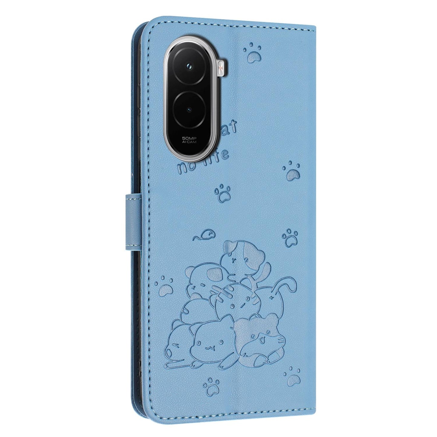 Xiaomi Poco M7 4G 169mm Embossed Kitten PU Leather Wallet Case with Card Slots, Cash Pocket, Kickstand Function, Wrist Lanyard Strap, Full Protective TPU Flip Cover
