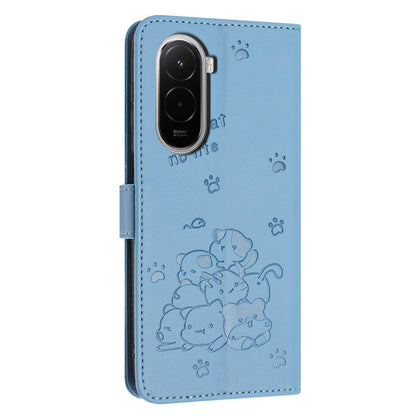 Xiaomi Poco M7 4G 169mm Embossed Kitten PU Leather Wallet Case with Card Slots, Cash Pocket, Kickstand Function, Wrist Lanyard Strap, Full Protective TPU Flip Cover