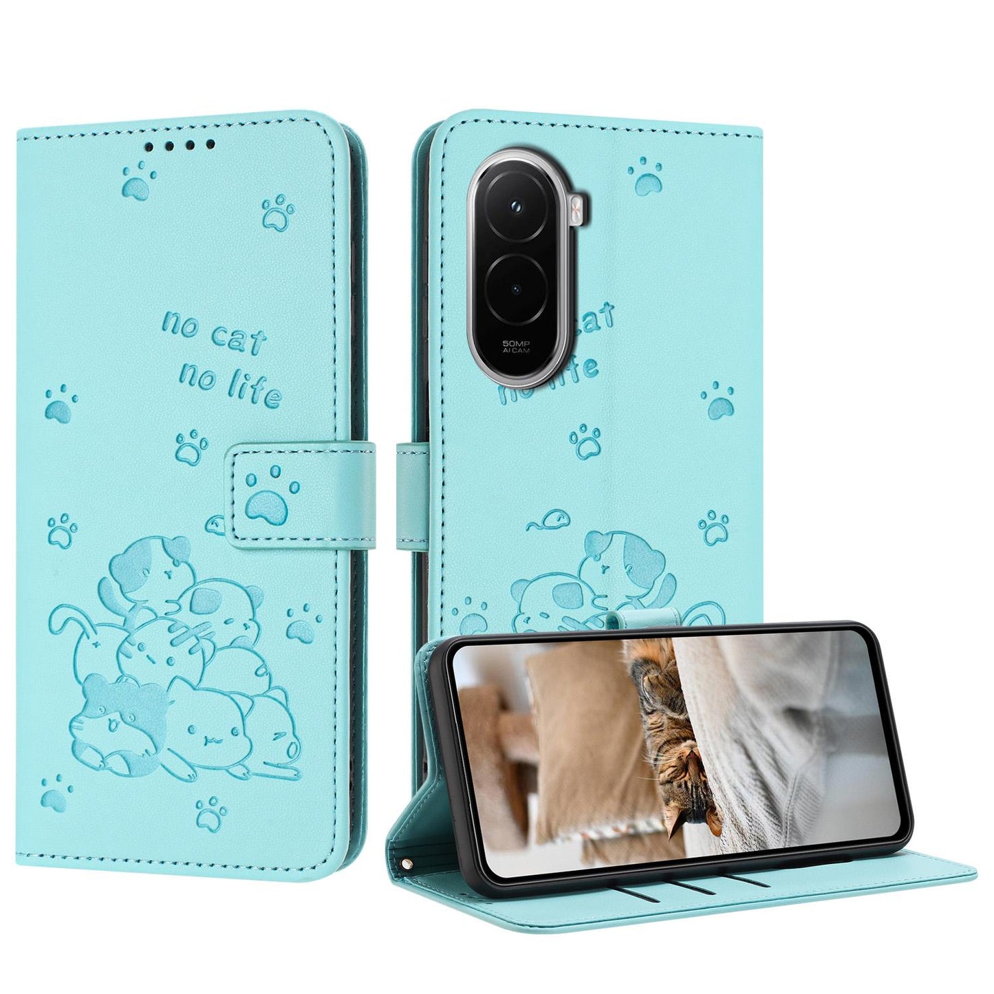 Xiaomi Poco M7 4G 169mm Embossed Kitten PU Leather Wallet Case with Card Slots, Cash Pocket, Kickstand Function, Wrist Lanyard Strap, Full Protective TPU Flip Cover