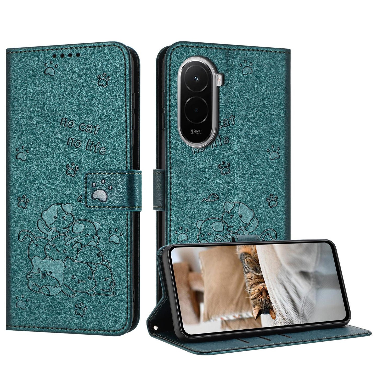 Xiaomi Poco M7 4G 169mm Embossed Kitten PU Leather Wallet Case with Card Slots, Cash Pocket, Kickstand Function, Wrist Lanyard Strap, Full Protective TPU Flip Cover
