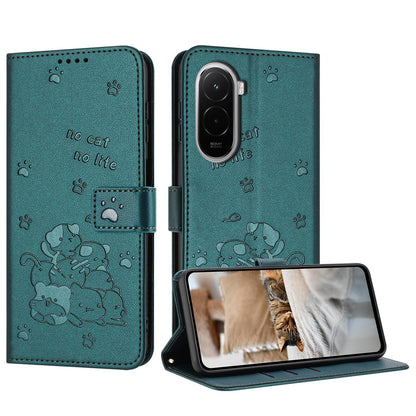Xiaomi Poco M7 4G 169mm Embossed Kitten PU Leather Wallet Case with Card Slots, Cash Pocket, Kickstand Function, Wrist Lanyard Strap, Full Protective TPU Flip Cover