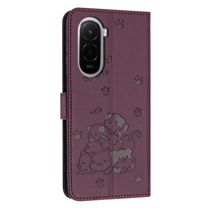 Xiaomi Poco M7 4G 169mm Embossed Kitten PU Leather Wallet Case with Card Slots, Cash Pocket, Kickstand Function, Wrist Lanyard Strap, Full Protective TPU Flip Cover