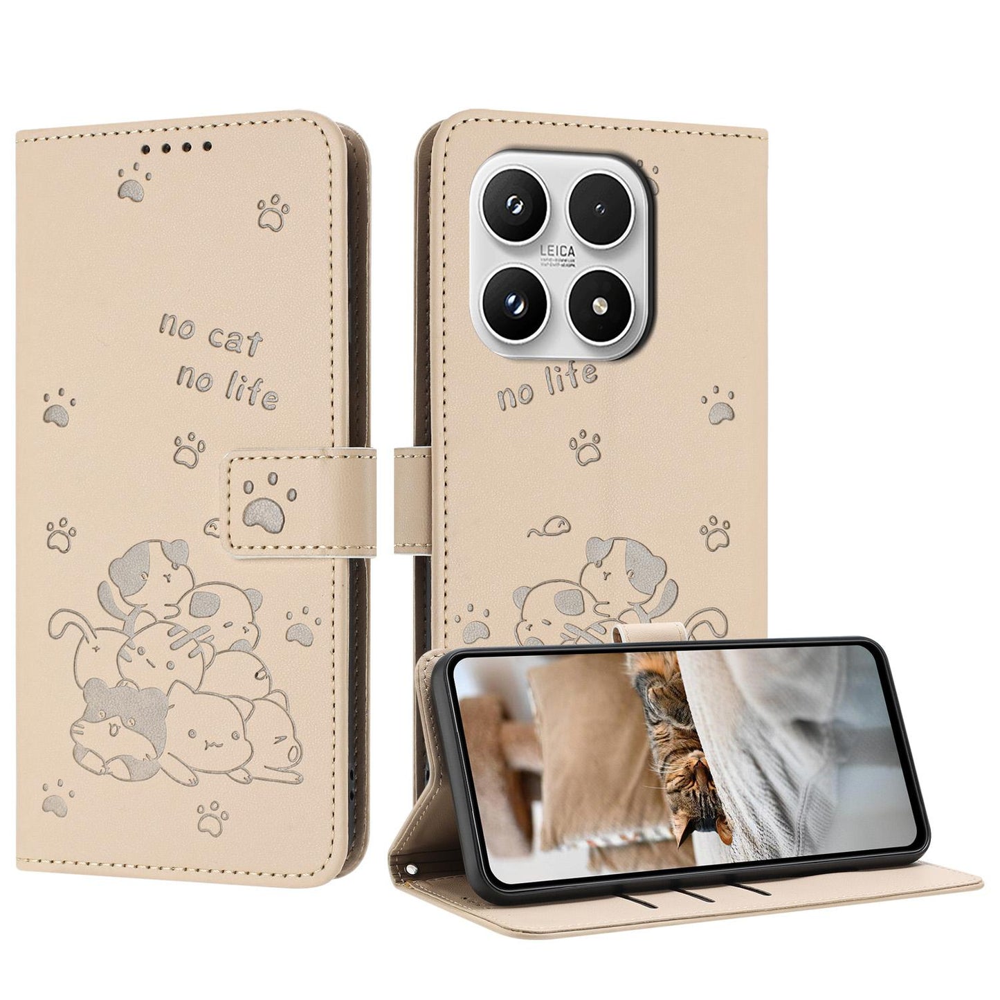 Xiaomi 17 Embossed Kitten PU Leather Wallet Case with Card Slots, Cash Pocket, Kickstand Function, Wrist Lanyard Strap, Full Protective TPU Flip Cover