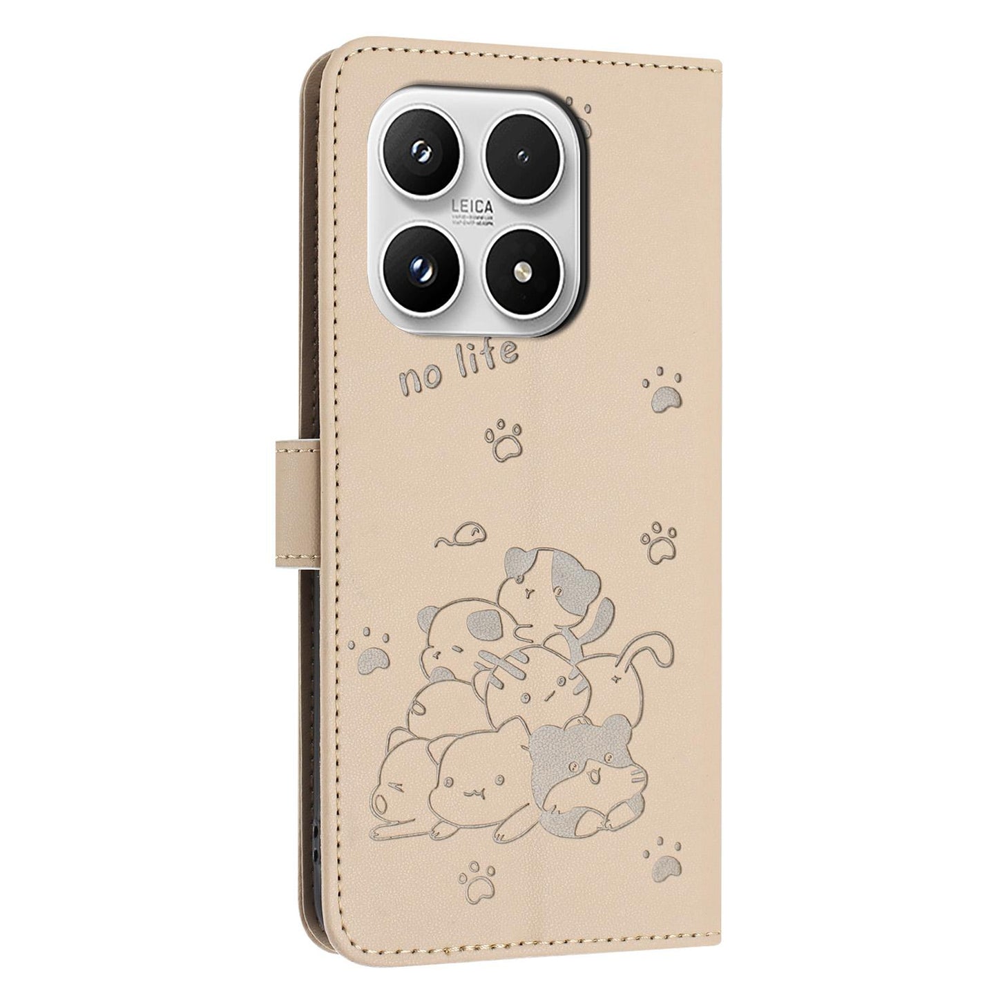 Xiaomi 17 Embossed Kitten PU Leather Wallet Case with Card Slots, Cash Pocket, Kickstand Function, Wrist Lanyard Strap, Full Protective TPU Flip Cover