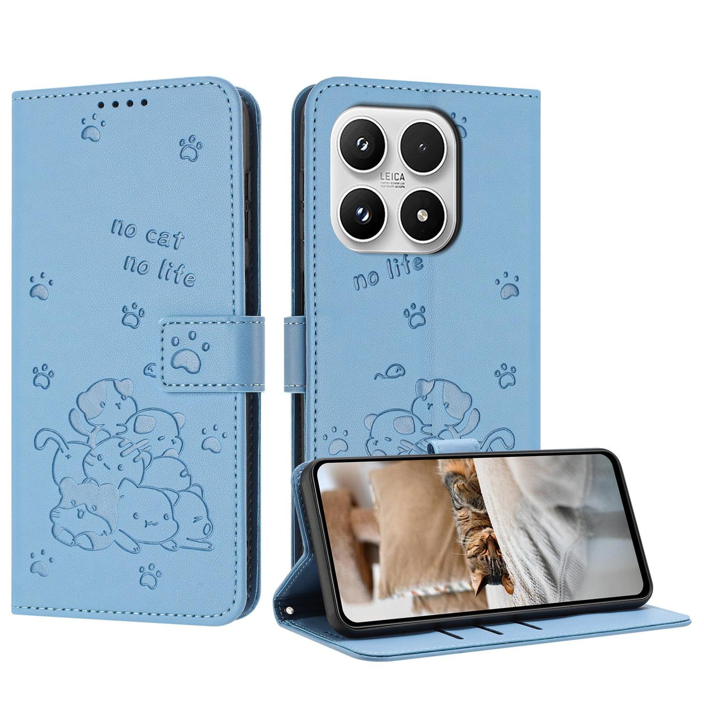 Xiaomi 17 Embossed Kitten PU Leather Wallet Case with Card Slots, Cash Pocket, Kickstand Function, Wrist Lanyard Strap, Full Protective TPU Flip Cover