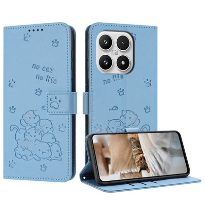Xiaomi 17 Embossed Kitten PU Leather Wallet Case with Card Slots, Cash Pocket, Kickstand Function, Wrist Lanyard Strap, Full Protective TPU Flip Cover
