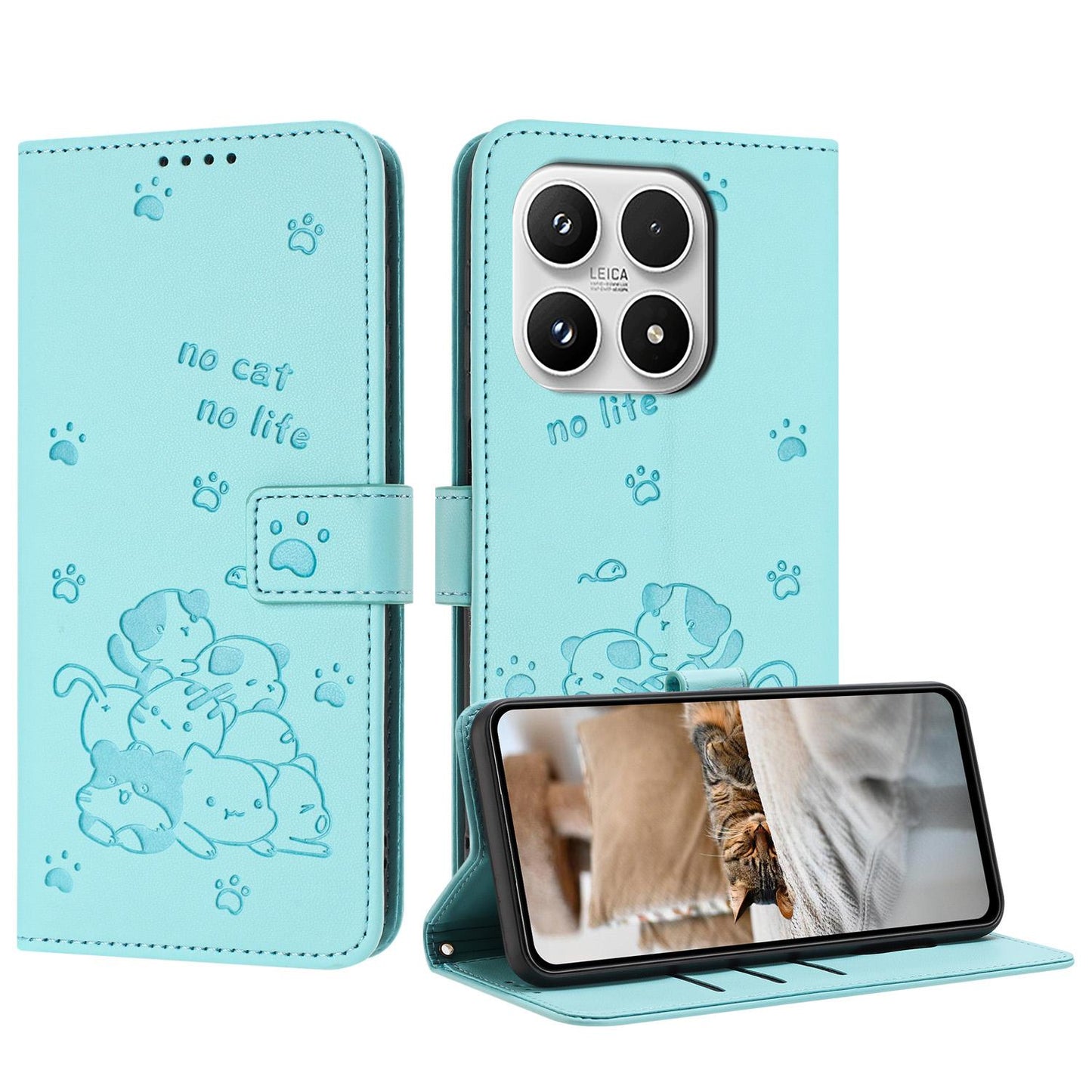Xiaomi 17 Embossed Kitten PU Leather Wallet Case with Card Slots, Cash Pocket, Kickstand Function, Wrist Lanyard Strap, Full Protective TPU Flip Cover