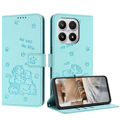 Xiaomi 17 Embossed Kitten PU Leather Wallet Case with Card Slots, Cash Pocket, Kickstand Function, Wrist Lanyard Strap, Full Protective TPU Flip Cover