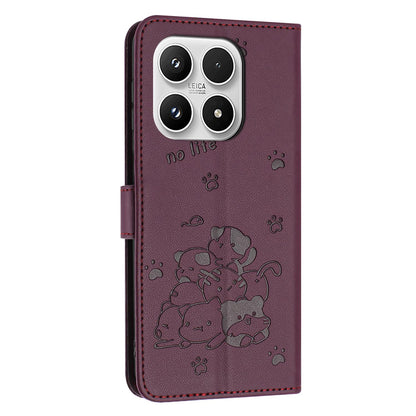 Xiaomi 17 Embossed Kitten PU Leather Wallet Case with Card Slots, Cash Pocket, Kickstand Function, Wrist Lanyard Strap, Full Protective TPU Flip Cover