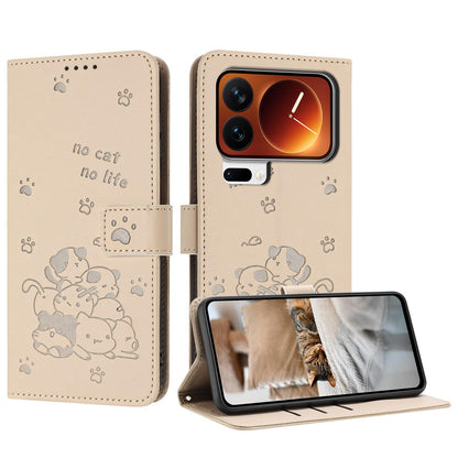 Xiaomi 17 Pro Embossed Kitten PU Leather Wallet Case with Card Slots, Cash Pocket, Kickstand Function, Wrist Lanyard Strap, Full Protective TPU Flip Cover