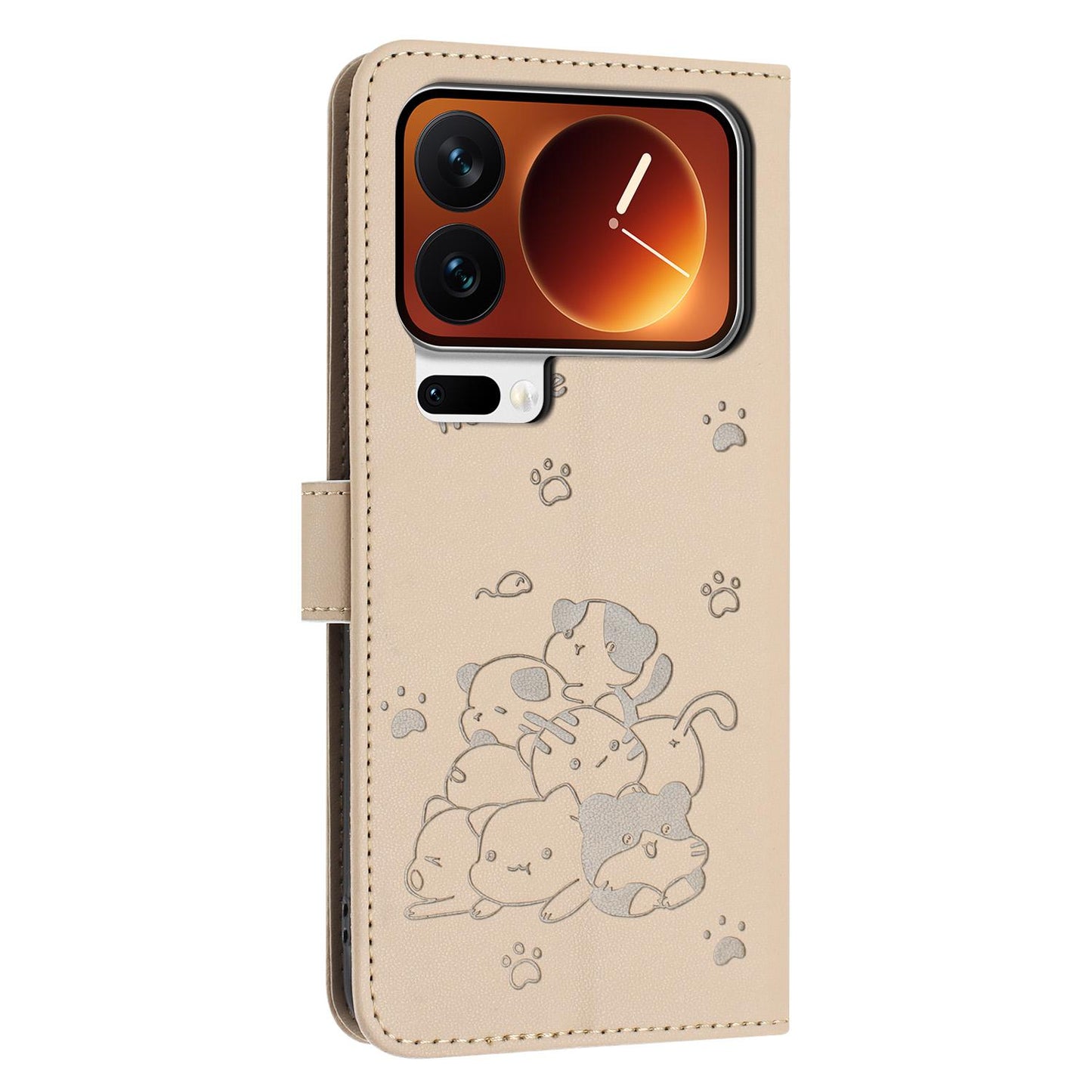 Xiaomi 17 Pro Embossed Kitten PU Leather Wallet Case with Card Slots, Cash Pocket, Kickstand Function, Wrist Lanyard Strap, Full Protective TPU Flip Cover