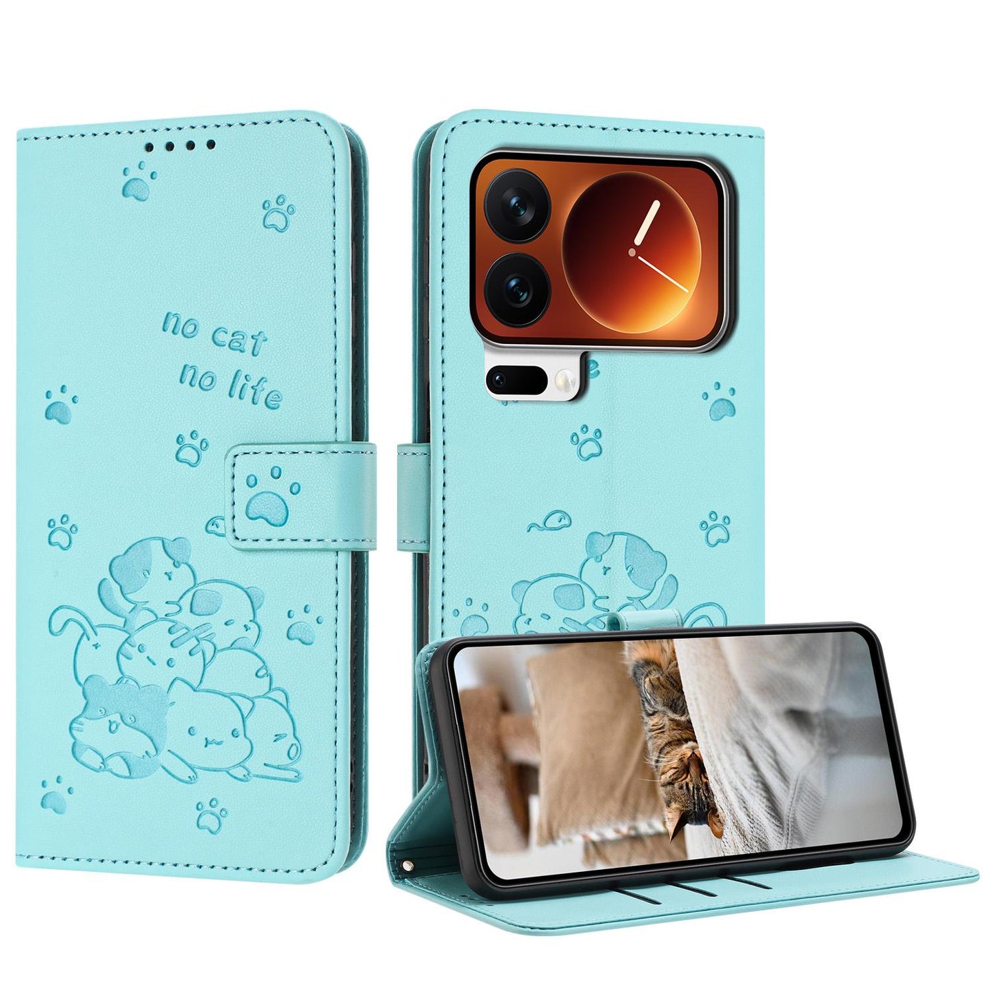 Xiaomi 17 Pro Embossed Kitten PU Leather Wallet Case with Card Slots, Cash Pocket, Kickstand Function, Wrist Lanyard Strap, Full Protective TPU Flip Cover