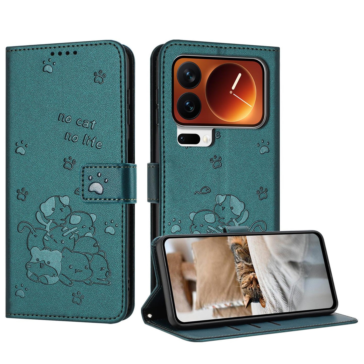 Xiaomi 17 Pro Embossed Kitten PU Leather Wallet Case with Card Slots, Cash Pocket, Kickstand Function, Wrist Lanyard Strap, Full Protective TPU Flip Cover