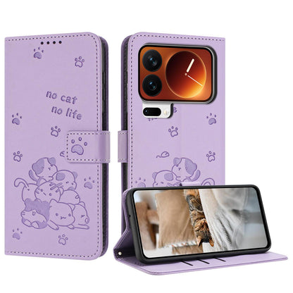 Xiaomi 17 Pro Max Embossed Kitten PU Leather Wallet Case with Card Slots, Cash Pocket, Kickstand Function, Wrist Lanyard Strap, Full Protective TPU Flip Cover