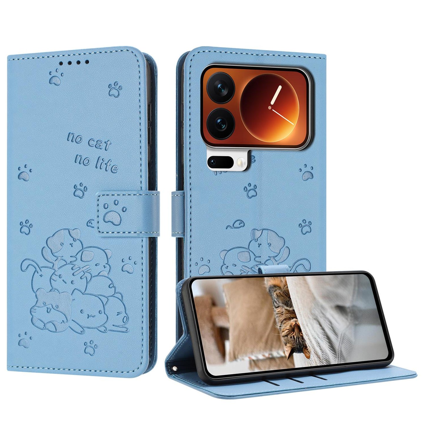 Xiaomi 17 Pro Max Embossed Kitten PU Leather Wallet Case with Card Slots, Cash Pocket, Kickstand Function, Wrist Lanyard Strap, Full Protective TPU Flip Cover