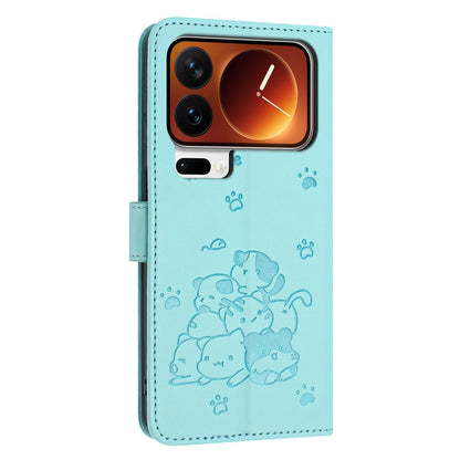 Xiaomi 17 Pro Max Embossed Kitten PU Leather Wallet Case with Card Slots, Cash Pocket, Kickstand Function, Wrist Lanyard Strap, Full Protective TPU Flip Cover