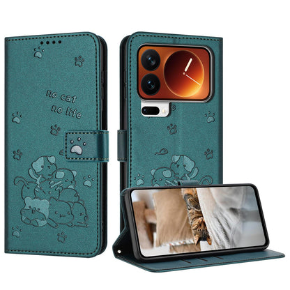 Xiaomi 17 Pro Max Embossed Kitten PU Leather Wallet Case with Card Slots, Cash Pocket, Kickstand Function, Wrist Lanyard Strap, Full Protective TPU Flip Cover