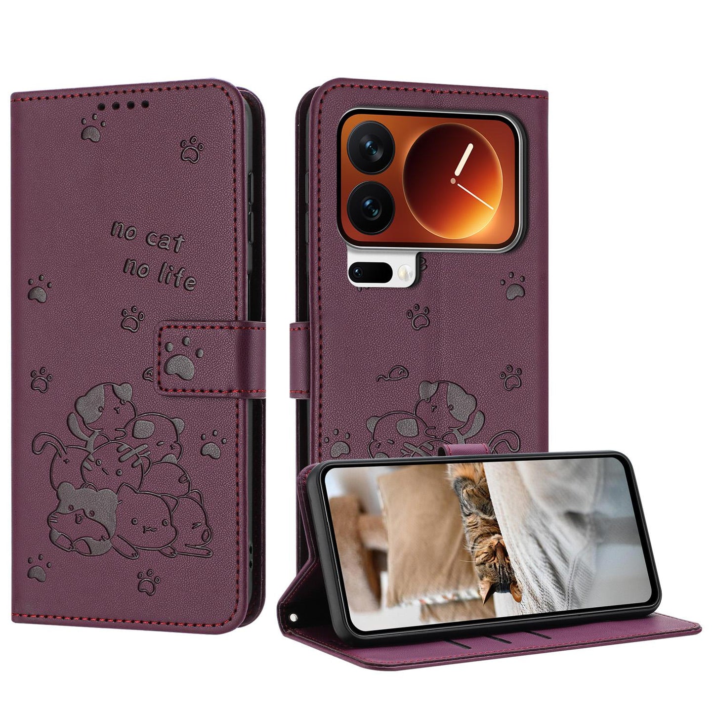 Xiaomi 17 Pro Max Embossed Kitten PU Leather Wallet Case with Card Slots, Cash Pocket, Kickstand Function, Wrist Lanyard Strap, Full Protective TPU Flip Cover