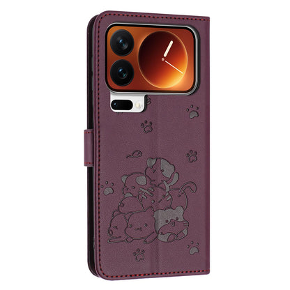 Xiaomi 17 Pro Max Embossed Kitten PU Leather Wallet Case with Card Slots, Cash Pocket, Kickstand Function, Wrist Lanyard Strap, Full Protective TPU Flip Cover