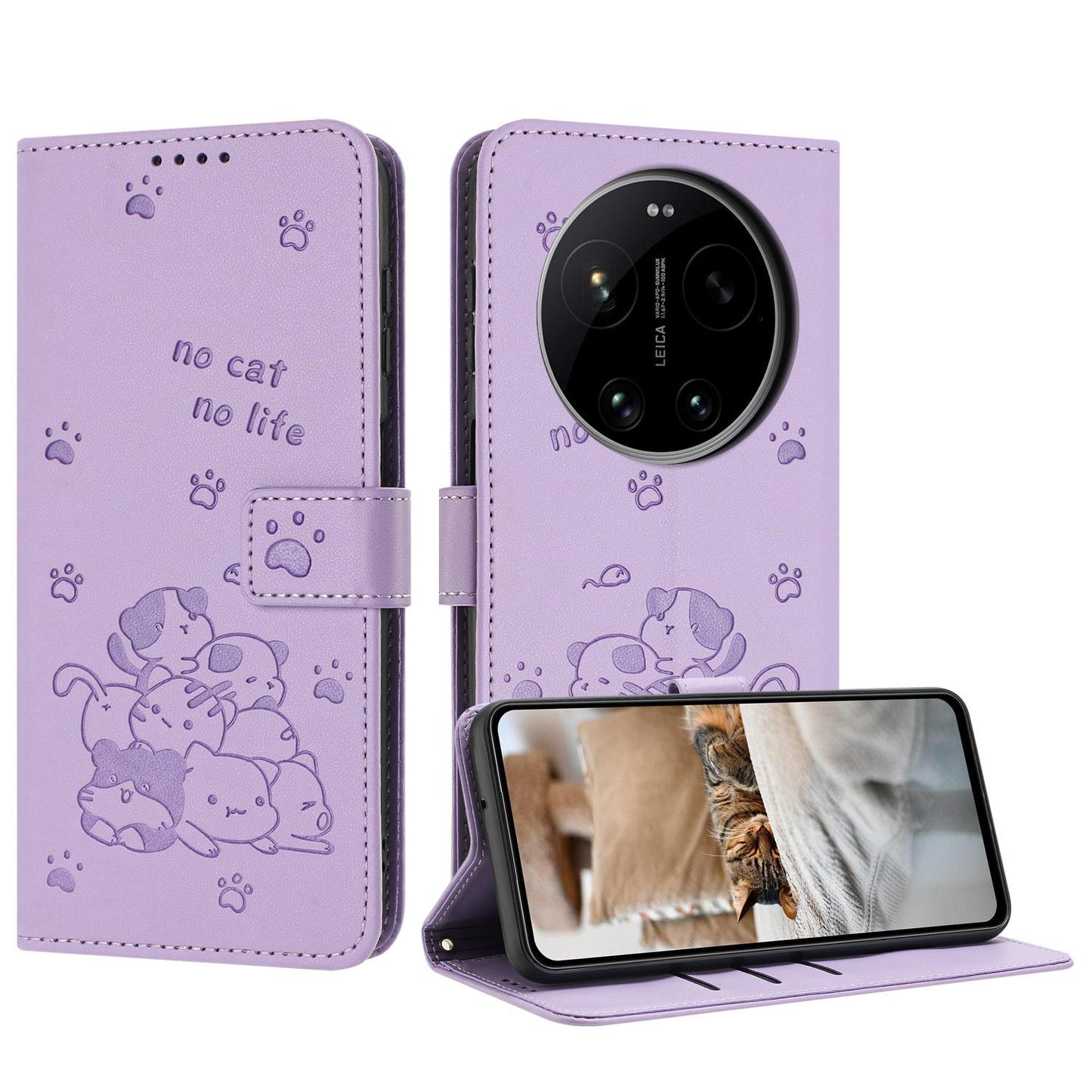 Xiaomi 17 Ultra Embossed Kitten PU Leather Wallet Case with Card Slots, Cash Pocket, Kickstand Function, Wrist Lanyard Strap, Full Protective TPU Flip Cover