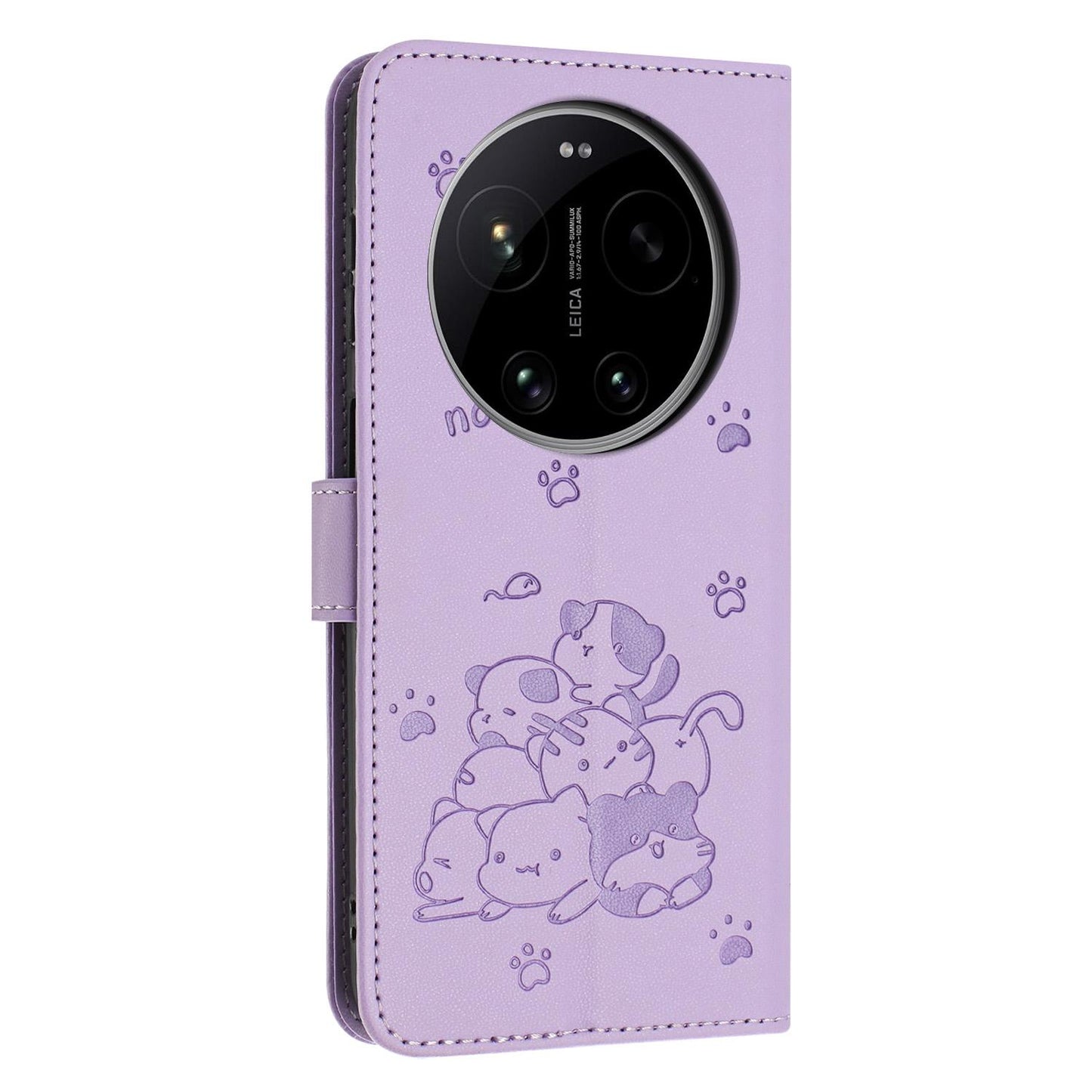 Xiaomi 17 Ultra Embossed Kitten PU Leather Wallet Case with Card Slots, Cash Pocket, Kickstand Function, Wrist Lanyard Strap, Full Protective TPU Flip Cover