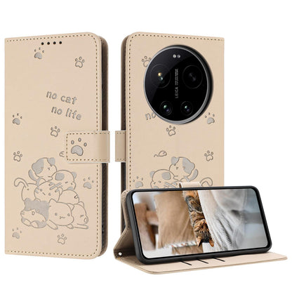 Xiaomi 17 Ultra Embossed Kitten PU Leather Wallet Case with Card Slots, Cash Pocket, Kickstand Function, Wrist Lanyard Strap, Full Protective TPU Flip Cover