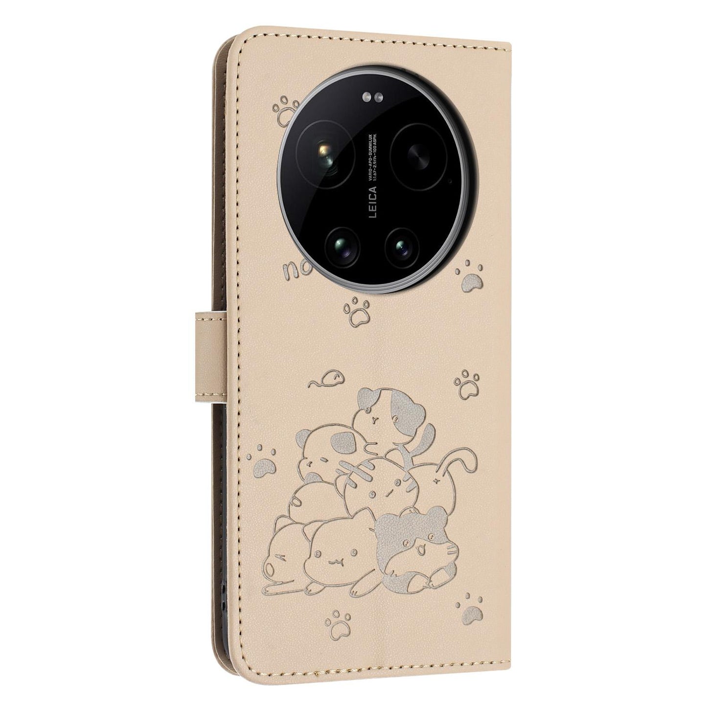 Xiaomi 17 Ultra Embossed Kitten PU Leather Wallet Case with Card Slots, Cash Pocket, Kickstand Function, Wrist Lanyard Strap, Full Protective TPU Flip Cover